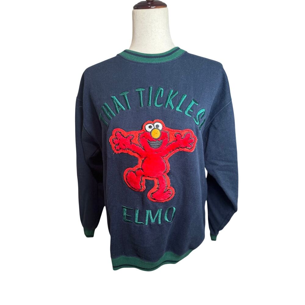 1990s Sesame Street That Tickles Elmo Embroidered Patch Green Navy Sweatshirt M